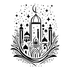 Silhouette of the Mosque against Night Sky Stars