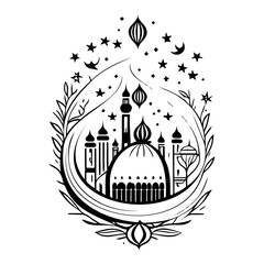 Black and White Mosque Silhouette with Moon