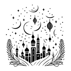 Mystical Arabian Cityscape Black and White Vector
