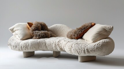 CanapÃ© moderne avec des coussins texturÃ©s, un coussin en forme de nÅ“ud frappant, et une Å“uvre d'art audacieuse qui donne Ã  la piÃ¨ce Ã  vivre une ambiance singuliÃ¨re. DÃ©coration intÃ©rieure.