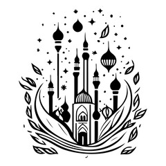 Ornamental Mosque Silhouette with Floral Frame
