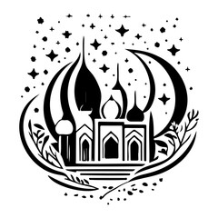 Silhouette Mosques With Stars, Lunar Crescent Vector