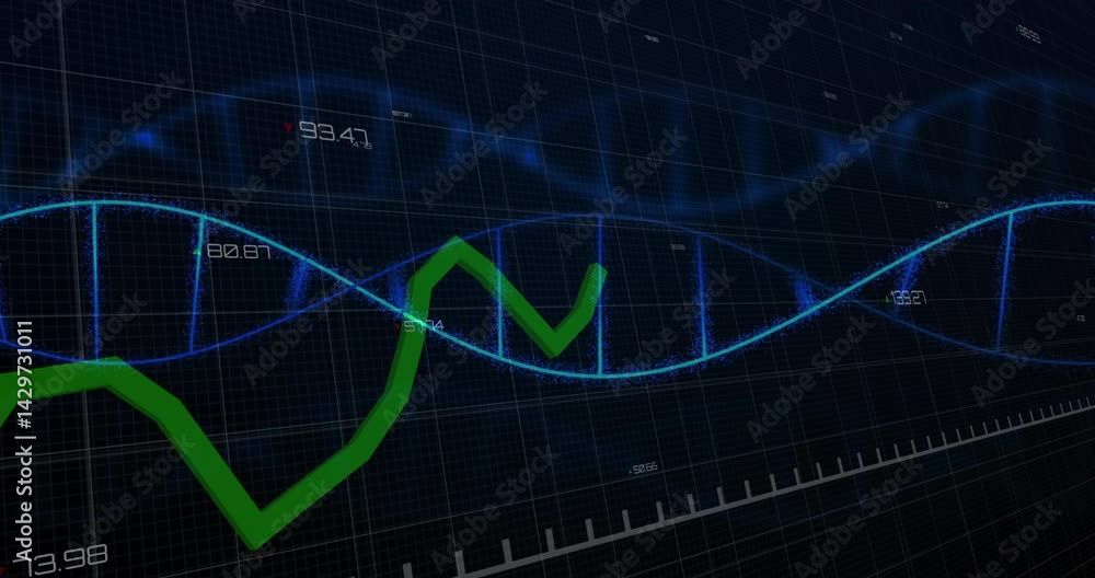 Poster neon blue dna helix being visualized on dark grid, featuring vivid green graph and numeric data
