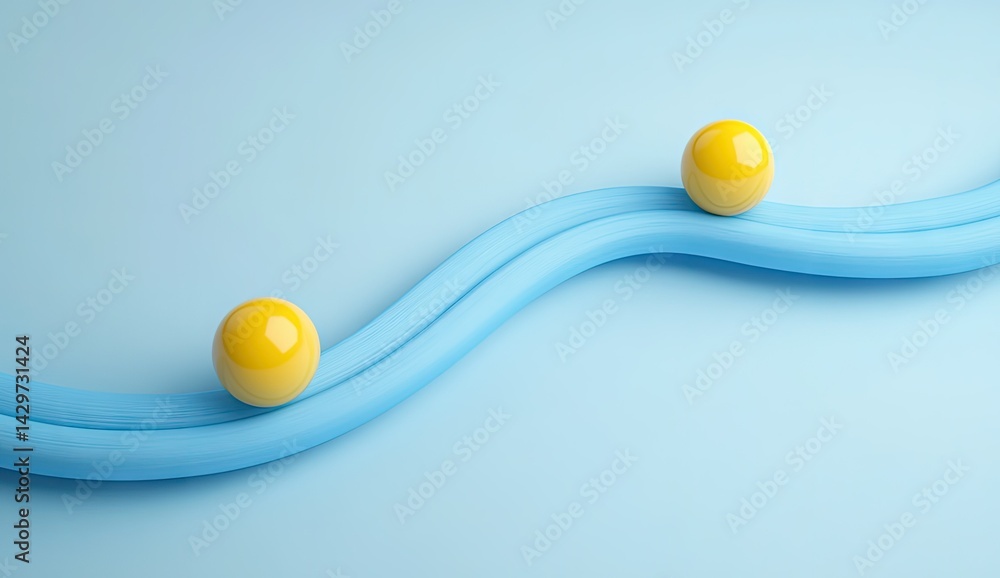 Poster vibrant yellow spheres positioned along a smooth. undulating turquoise line on a soft beige backgrou