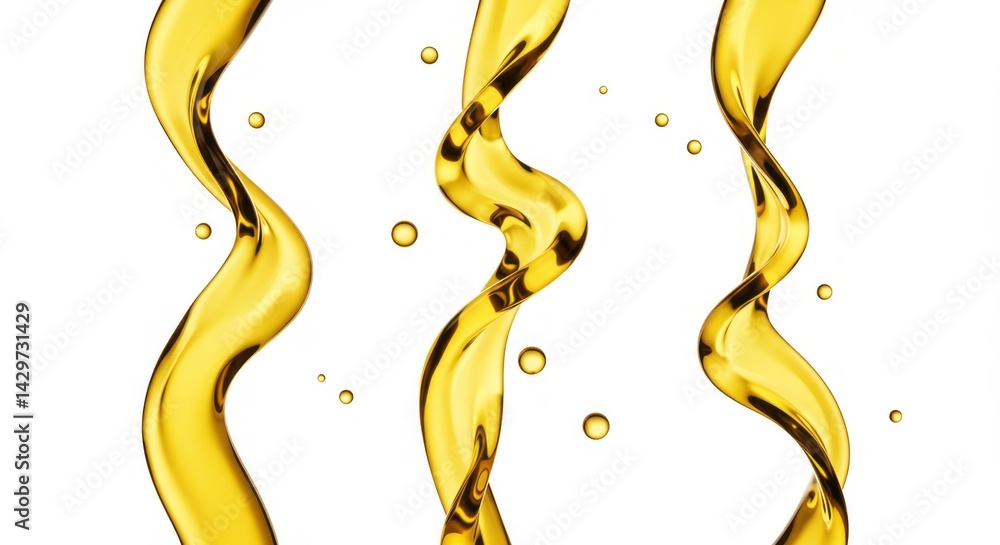 Poster golden liquid swirls with droplets on white background creating a dynamic and fluid visual effect pe