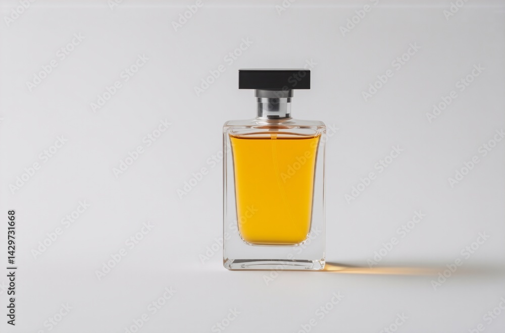 Poster a rectangular amber perfume bottle with a black cap sits on a white background, casting a subtle sha