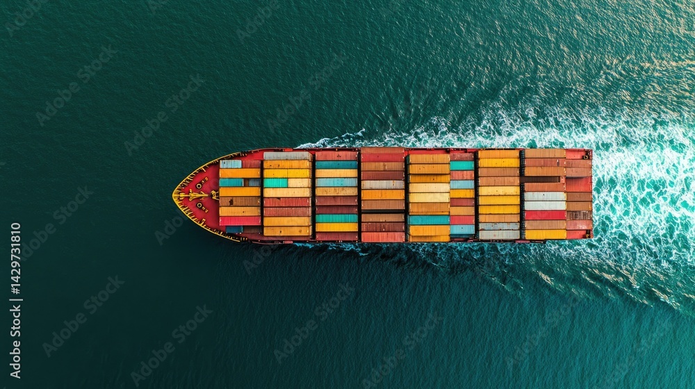 Poster aerial view of a large cargo ship navigating through calm waters. fully loaded with colorful shippin