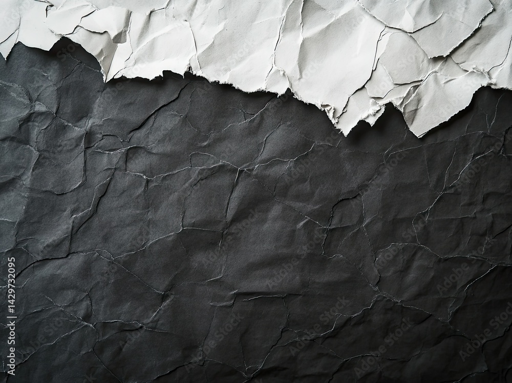 Poster a close-up view of textured. crumpled paper featuring a stark contrast between white and dark gray s