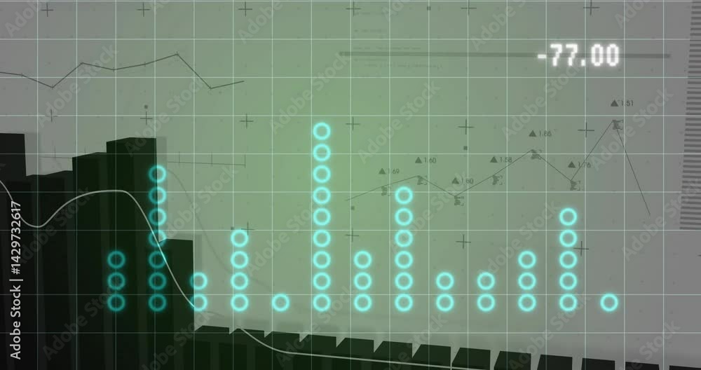 Poster data dashboard showing glowing teal circle columns on grey grid with line graph and labels