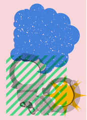 Risograph Handcuffs with speech bubble with geometric shapes. Objects in trendy riso graph print texture style design with geometry elements.