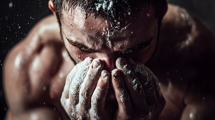 Obraz premium Close-up portrait of a muscular man washing his face with powder.