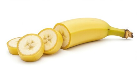 Sliced yellow banana fruit close up on white background