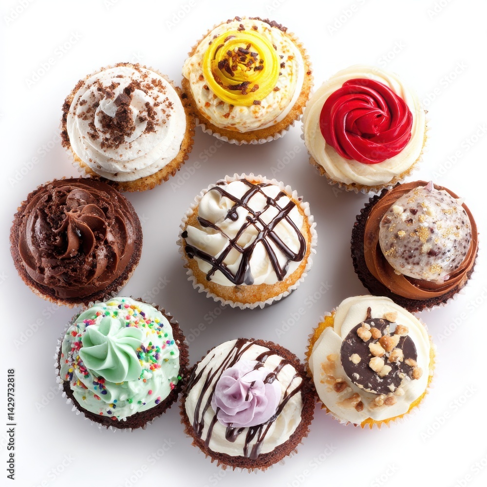 Poster a top down view of nine colorful cupcakes with various frostings arranged in a circle on white surfa
