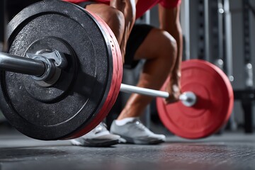 weightlifter performing barbell squat in gym closeup