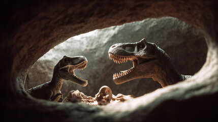 T rex dinosaurs in cave prehistoric era jurassic period ancient reptiles carnivores dangerous predators extinct species