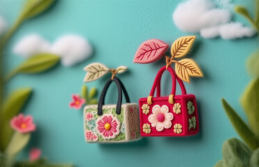 Here's a description and keywords:

A whimsical, handcrafted scene featuring two decorative bags adorned with floral details, nestled amidst foliage and fluffy clouds on a vibrant backdrop, giving a s