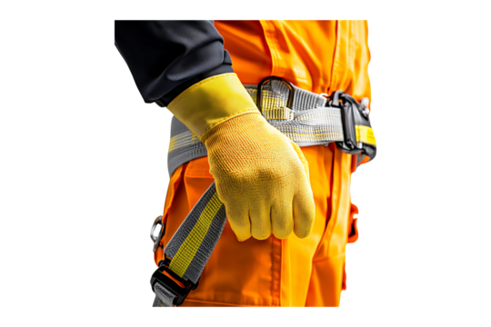 A gloved hand adjusting the strap on a safety harness isolated on transparent background
 