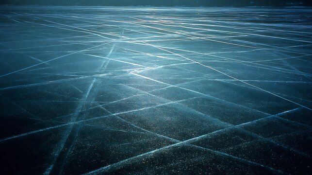 Frozen lake surface at night with tracks