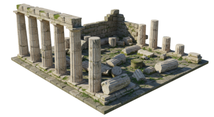 Ruined Ancient Temple Columns and Debris in a HighAngle View