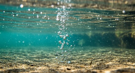 Macro Photograph of Bubbles Ascending in a Clear Freshwater Spring with Sandy Bottom and Soft Diffused Light Perfect for Decoration