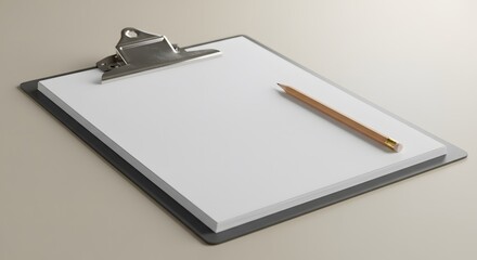 Stack of blank documents on metal clipboard with pencil beside, on neutral desktop