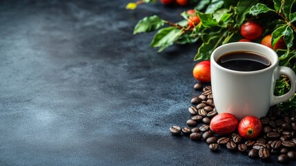A white coffee cup and colorful coffee beans