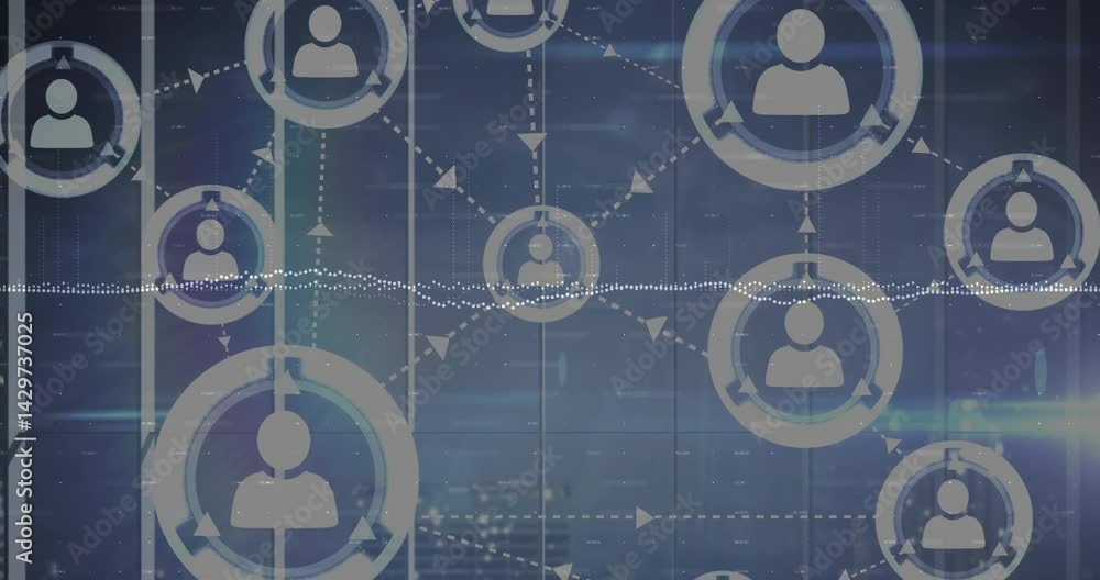 Poster network graphic displaying user icons in concentric nodes, showing dashed lines and dotted waveform