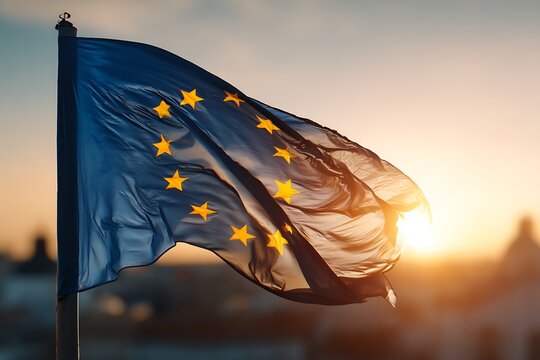  eu flag on sunset sky with waving motion  

