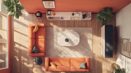 Bird's Eye View of a Modern Living Room with Orange Sofa and Natural Light
