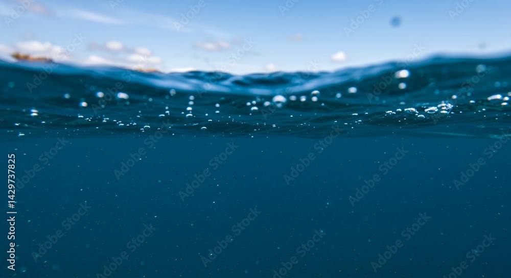Poster underwater scene of rippling ocean surface with rising bubbles in deep blue depths using macro lens 