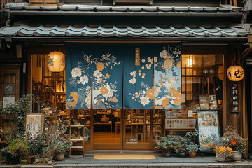 Noren curtain hanging in front of a shop
