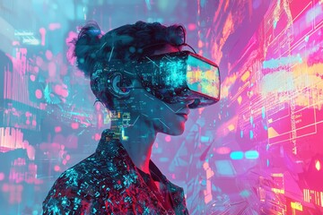 A futuristic woman wearing a VR headset, immersed in a vibrant, digital world of data streams and neon lights.