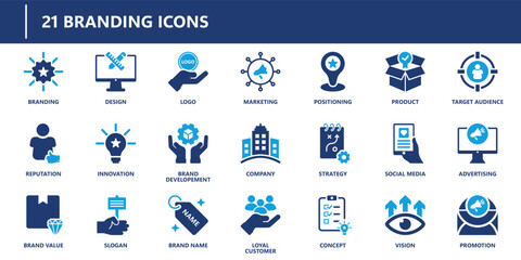 Branding icons pack in solid style including logo, marketing, brand value, advertising, vision, target audience, social media, and slogan.