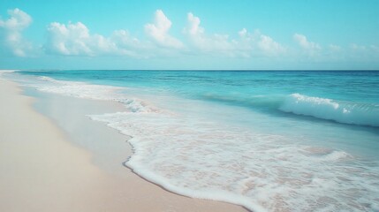 Serene beach scene featuring gentle waves, soft sand and calming azure sky