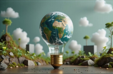 Fototapeta premium Earth globe inside a light bulb, placed in a green natural landscape. Concept of bright ideas for environment, sustainable energy and ecology. Scenic view with rocks, grass, trees and clouds.