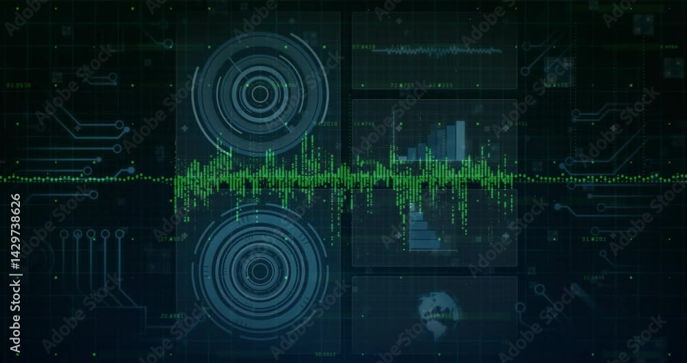 Aufkleber projecting neon green waveform alongside hud graphics panels across futuristic grid interface
