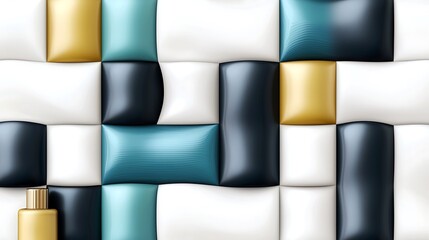 Wall of padded rectangles in white, blues, gold, and black color, soft material