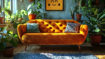Sunlit Mustard Sofa in Plant-Filled Living Room