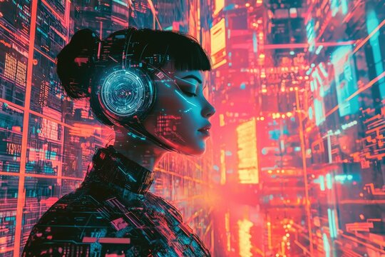 Cyberpunk woman with futuristic headset, serene amidst vibrant digital cityscape.