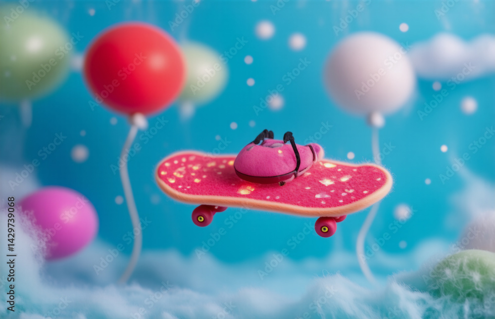 Poster a whimsical scene shows a miniature skateboard adorned with a pink object floating amongst colorful 