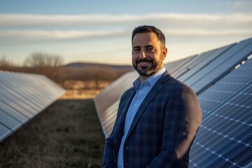 A man smiles confidently in front of a solar panel farm, representing renewable energy and sustainability.