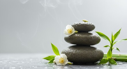 Obraz premium Weathered River Stones Stacked with Jasmine Blossoms and Bamboo Shoots in Dewdrops Glistening with Gentle Steam Rising