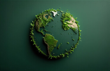 Fototapeta premium A stylized Earth model, rendered in shades of green, depicts continents covered in lush vegetation. The planet is encircled by a vibrant, verdant ring, symbolizing environmental growth and preservati
