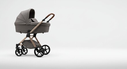 Modern baby stroller with rose gold frame and gray upholstery on light background