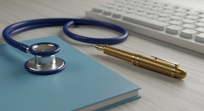 Detailed Close Up of Dark Blue Stethoscope Brass Fountain Pen Sky Blue Notepad and White Keyboard on White Wooden Desk in Organized Workspace