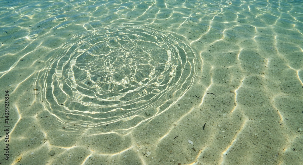 Poster sunlight through clear shallow water concentric ripples on sandy bottom creating dancing light effec