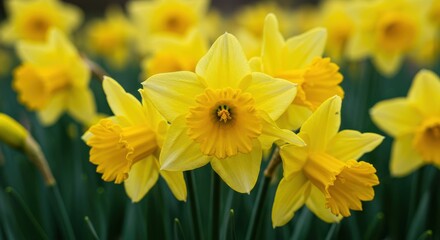 Fototapeta premium Cluster of yellow daffodils in full bloom with orange centers in a lush garden