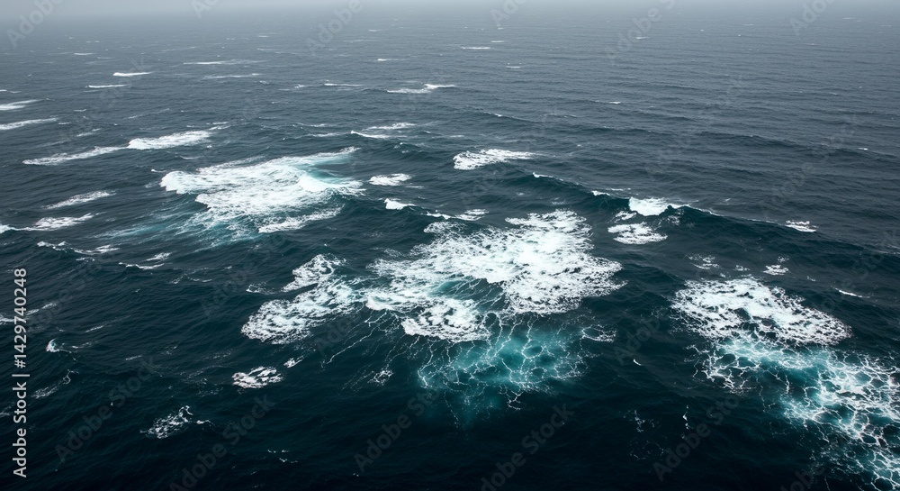 Poster aerial view of deep blue ocean with crashing foamy white waves swirling creating dynamic water patte