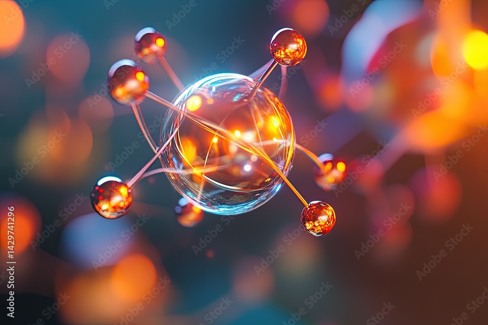 Poster abstract representation of molecule with glowing orbs on an artistic background
