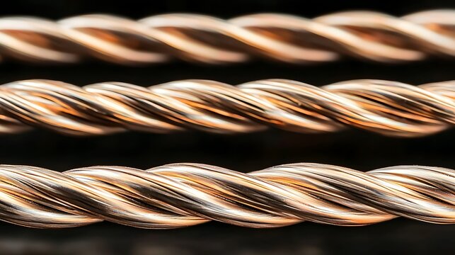 Close up of three strands of twisted wire, bright and shiny, laying flat